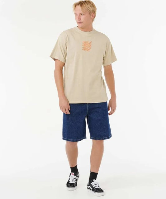Rip Curl Medina Script 22" Denim Shorts  in true indigo on model in khaki t-shirt from front