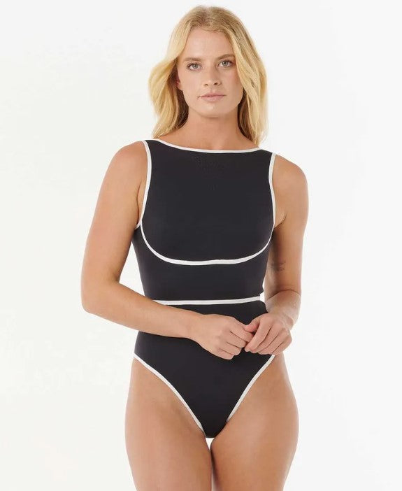 Rip Curl Mirage Fusion High Neck 1 Piece Swimsuit  in black from front on model