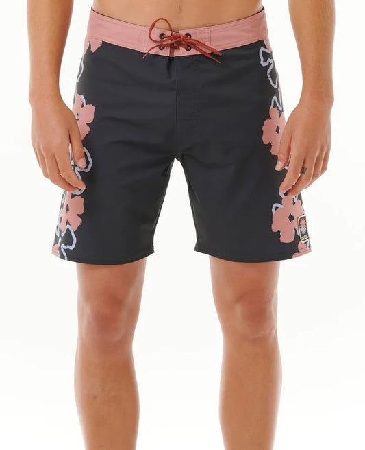 Rip Curl Mirage Vines SWC 19" Boardshorts in washed black with pink floral from front