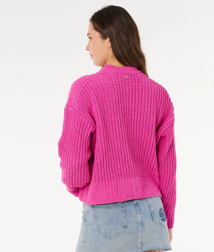 Rip Curl Neon Isles Women's Knit Cardigan in light pink on model from rear