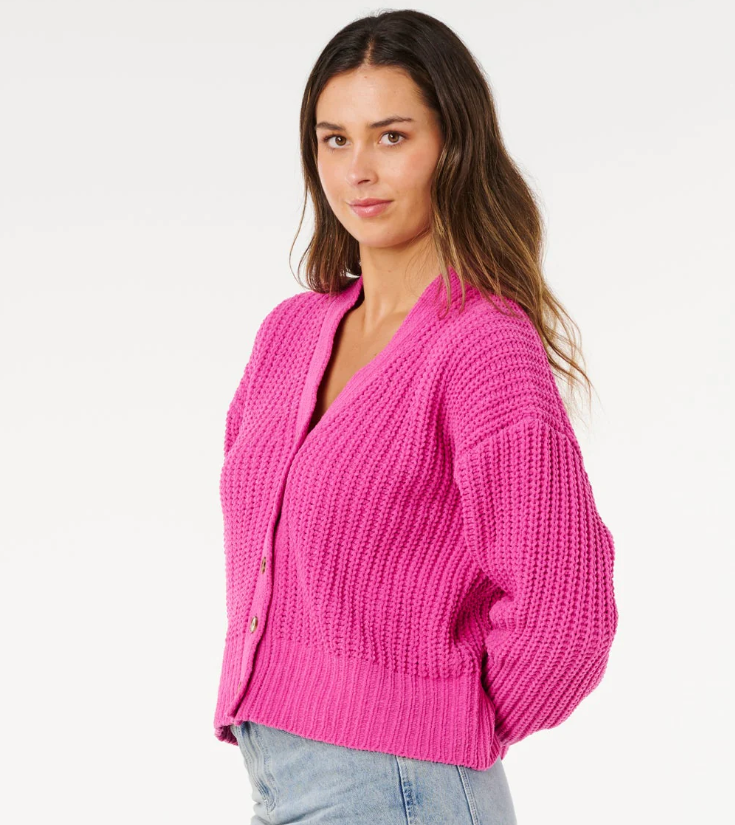 Rip Curl Neon Isles Women's Knit Cardigan in light pink on model from side angle