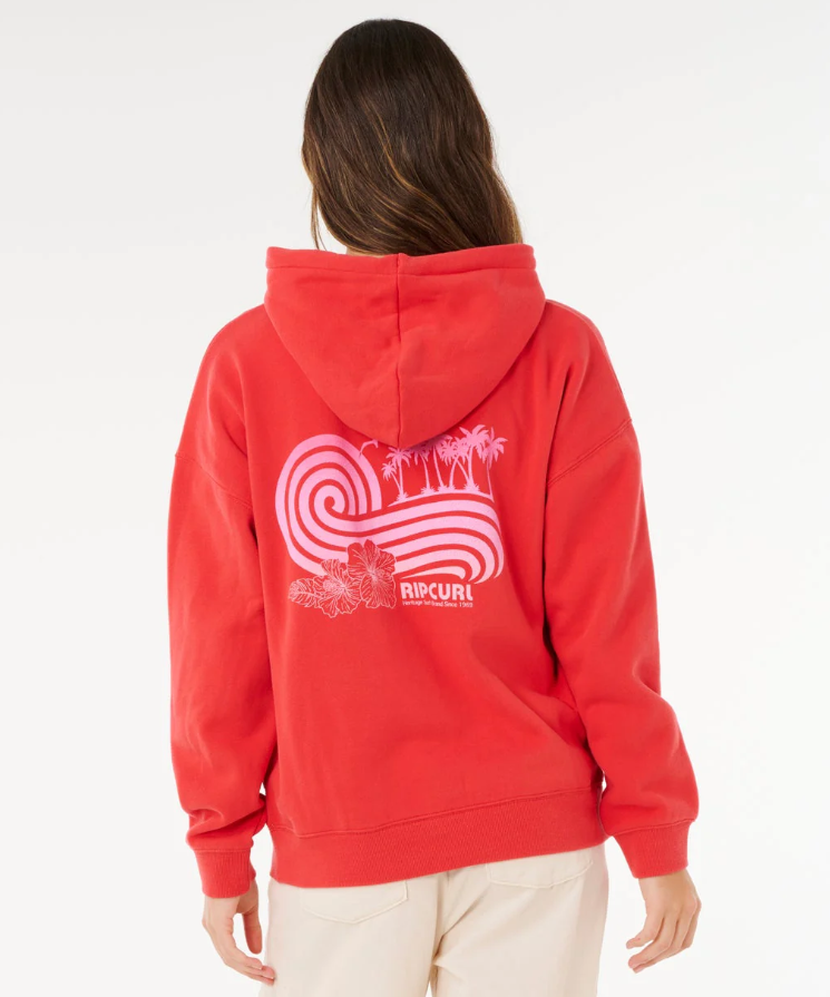 Rip Curl Ocean Break Heritage Hoodie in deep red on model close up from rear