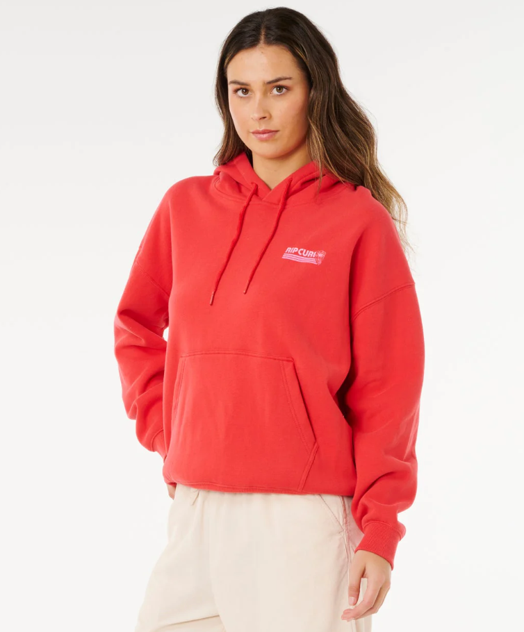 Rip Curl Ocean Break Heritage Hoodie in deep red on model close up from front