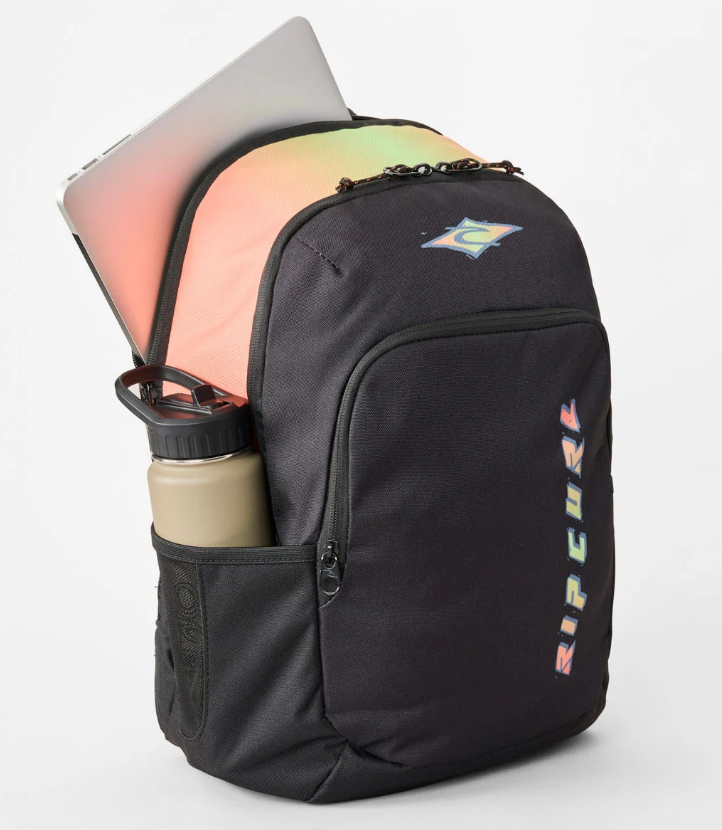 Rip Curl Ozone 30 Litre Backpack in black and orange colourway from side showing compartments