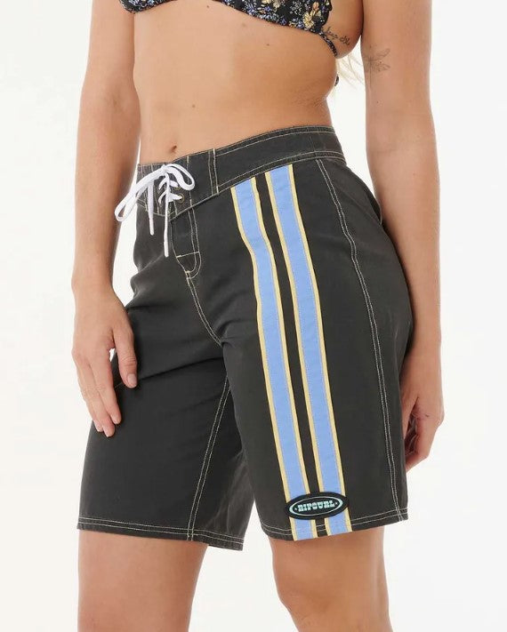 Rip Curl Pacific Rider 10" Womens Boardshorts in black with blue stripes on model from side view