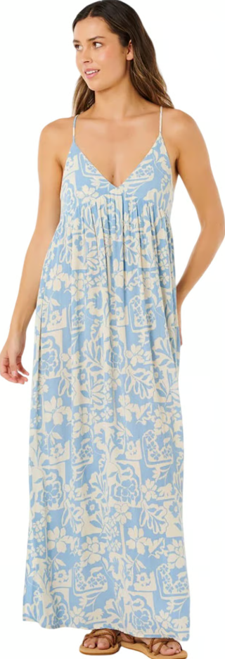 Rip Curl Party Pack Maxi Dress in light blue colour with white pttern on model front