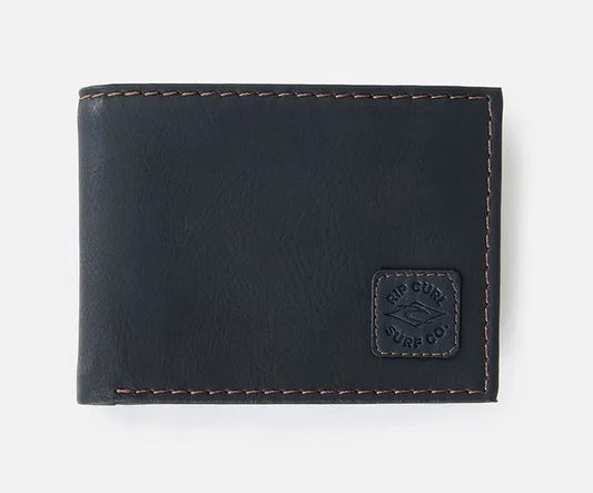 Rip Curl Patched All Day PU Wallet in black with brown contrast stitching from front