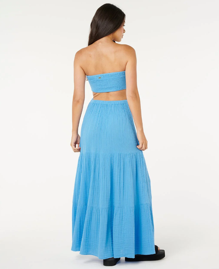 Rip Curl Premium Surf Maxi Dress in azure blue colourway on model from rear