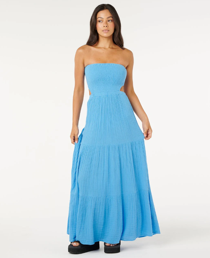 Rip Curl Premium Surf Maxi Dress in azure blue colourway on model from front