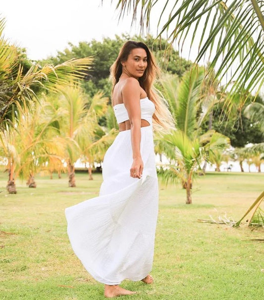 Rip Curl Premium Surf Maxi Dress in white on model outside in a park