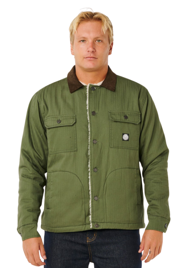 Rip Curl Premium Surf Sherpa Jacket in dark olive on Korbin Hutchings from front close up