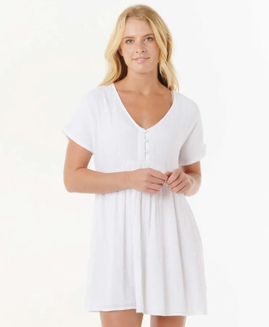 Rip Curl Premium Surf Short Sleeve Dress in white on blonde model from front