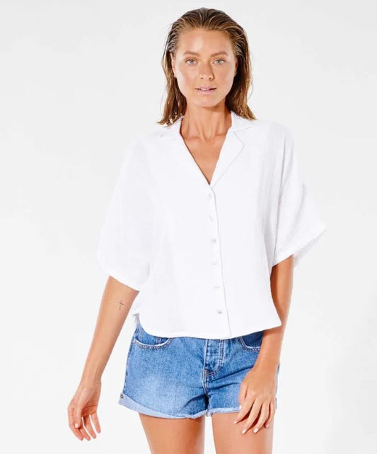 Rip Curl Womens Premium Surf Short Sleeve Shirt in white on model from front