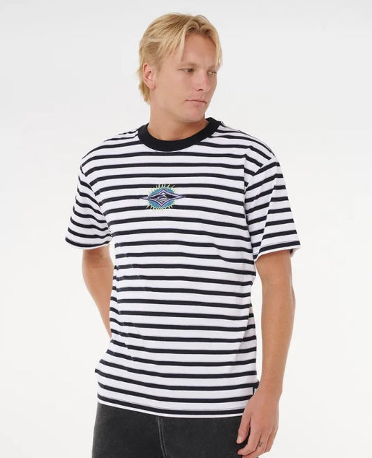 Rip Curl Raw Energy Stripey T-Shirt  in black and white stripes on model from front