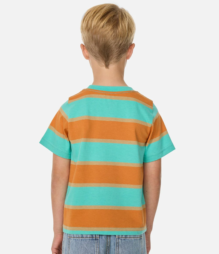 Rip Curl Ride The Wave Boys Stripe Tee in green and orange stripes on child from rear