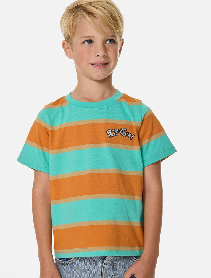 Rip Curl Ride The Wave Boys Stripe Tee in green and orange stripes on child from front close