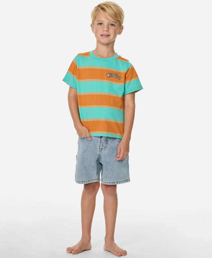 Rip Curl Ride The Wave Boys Stripe Tee in green and orange stripes on child from front