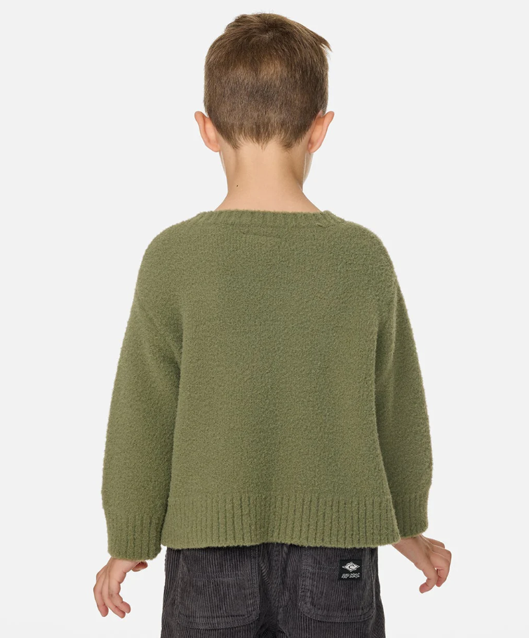 Rip Curl Ride The Wave Boys Knit Top in surplus green on model from rear