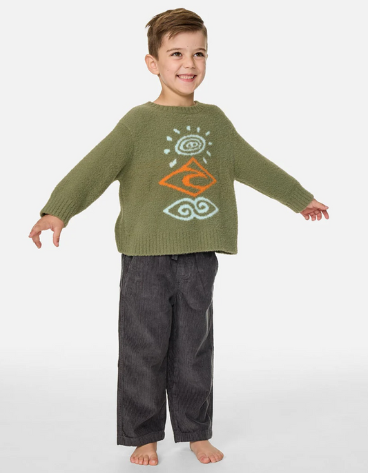 Rip Curl Ride The Wave Boys Knit Top in surplus green on model in charcoal pants
