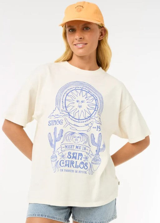 Rip Curl San Carlos Heritage Tee in bone colour on model from front