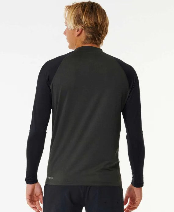 Rip Curl Shock UPF Long Sleeve Rash Top in black marle with black sleeves in rear