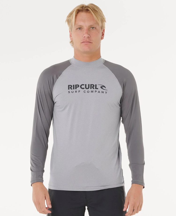 Rip Curl Shock UPF Long Sleeve Mens Rash Top in grey marle on model from front close up