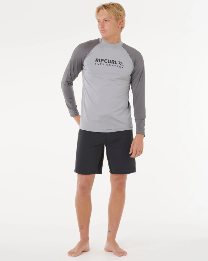 Rip Curl Shock UPF Long Sleeve Mens Rash Top in grey marle from the front