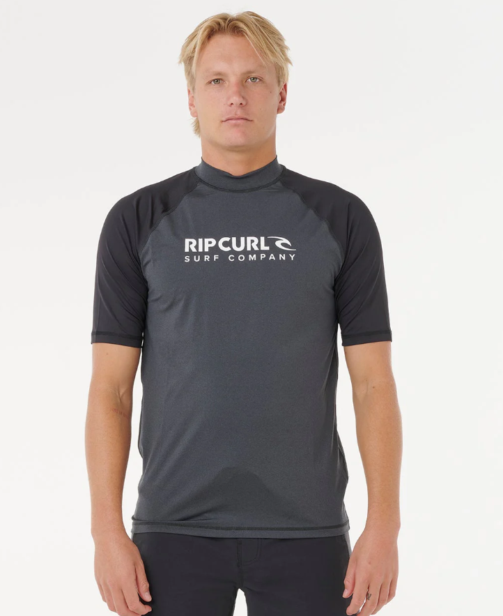 Rip Curl Shock UPF Short Sleeve Rash Top in black marle from front