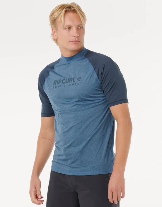 Rip Curl Shock UPF Short Sleeve Rash Top in blue marle with blue sleeves