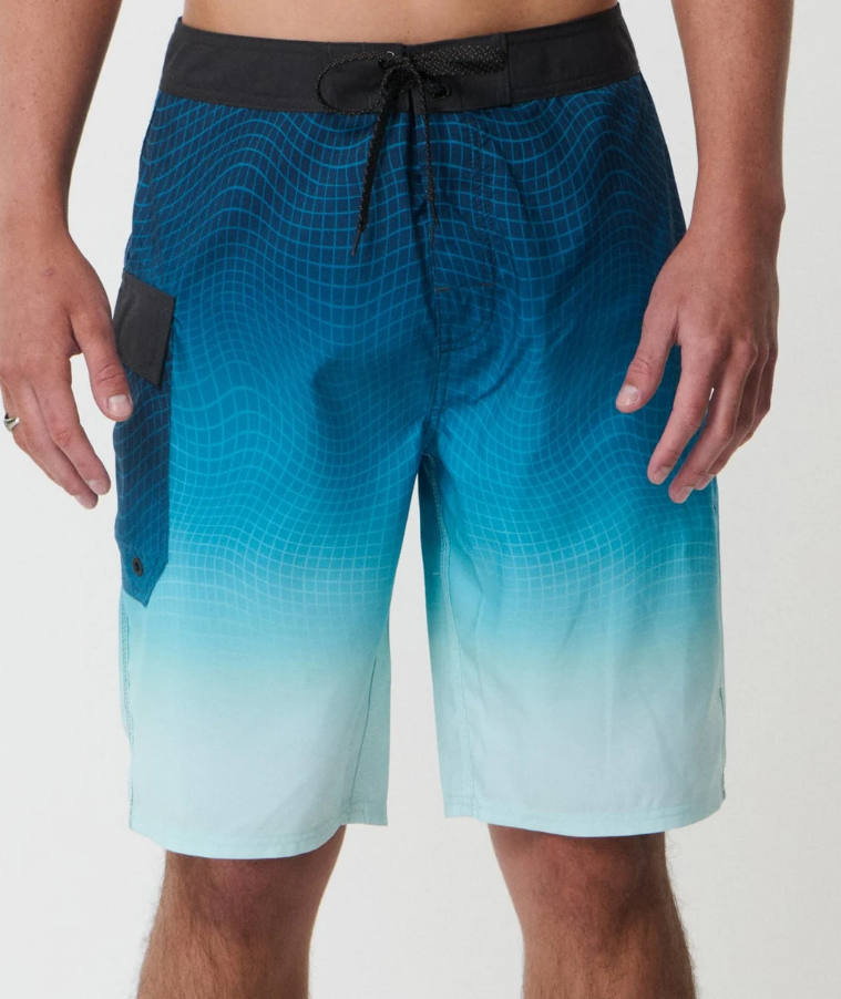 Rip Curl Shockwave 21" Men's Boardshorts in blue fade on model from front close up