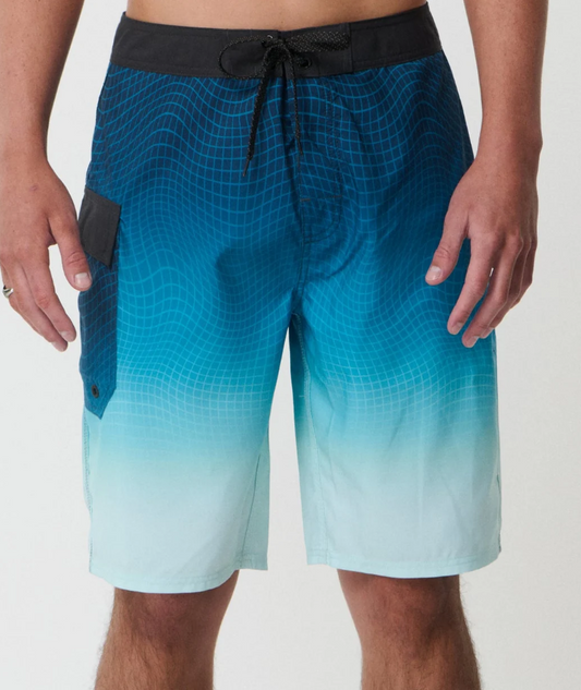 Rip Curl Shockwave 21" Men's Boardshorts in blue fade on model from front close up