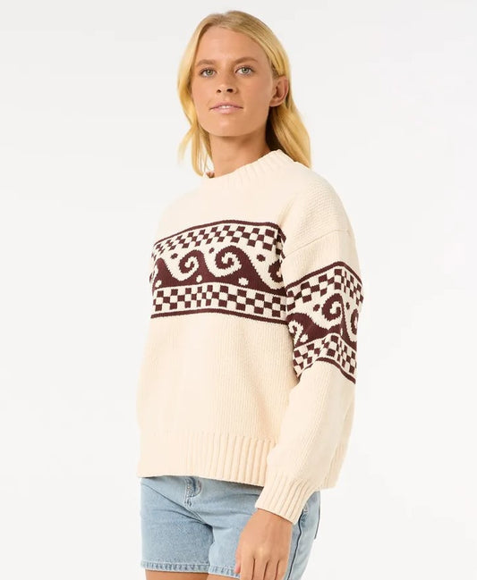 Rip Curl Soleil Knit Crew in off white with brown detail