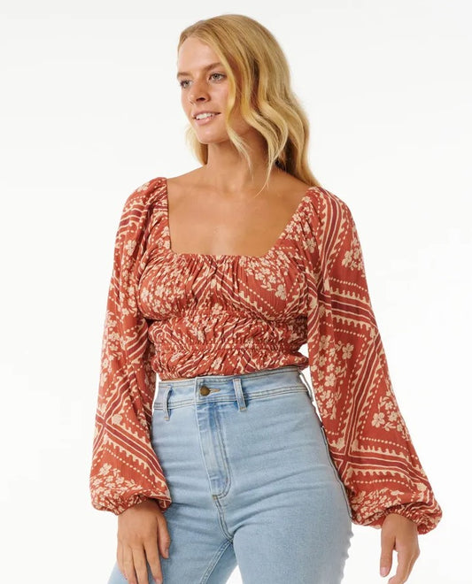 Rip Curl Soleil Long Sleeve Top in rust colourwya from front