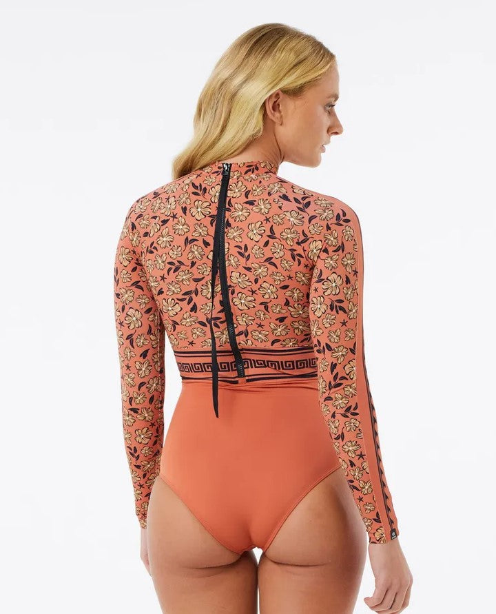 Rip Curl Soleil UPF Surf Suit in rust colourway from rear on model