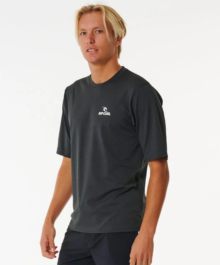 Rip Curl Stack Brand Icon UPF S/S Rash Tee in black marle from front/side view