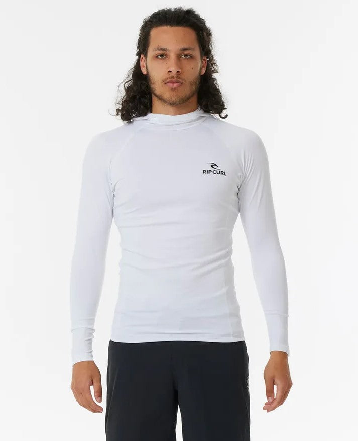 Rip Curl Stack UPF long sleeve hooded rash top white from front