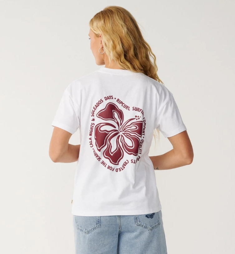 Rip Curl Surf Puff Party Relaxed Tee in white colourway showing the back  of the tee with maroon puff print