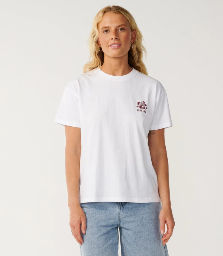 Rip Curl Surf Puff Party Relaxed Tee in white from the front on blonde model in blue denim shorts