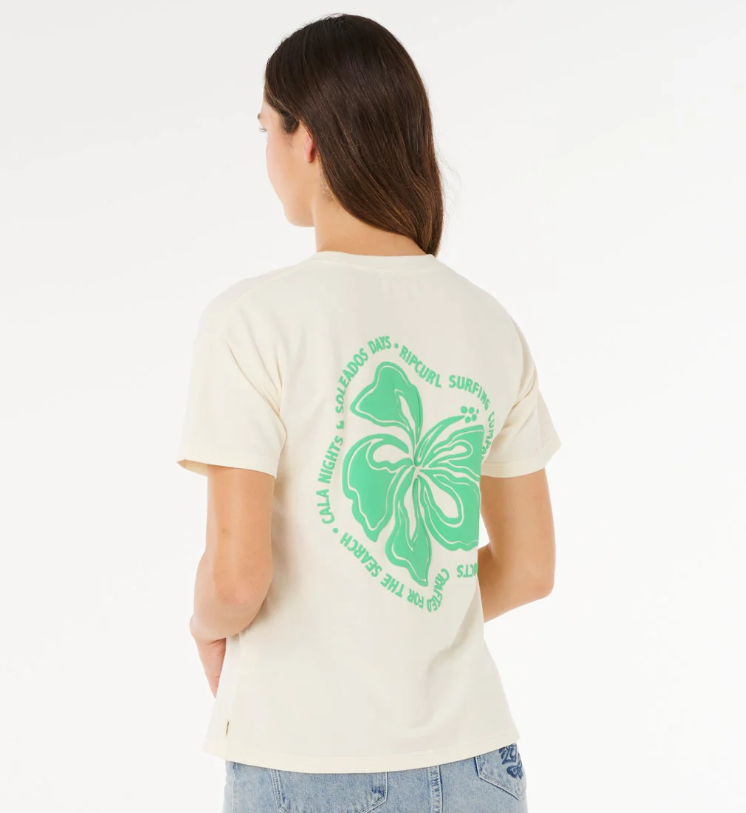 Rip Curl Surf Puff Party Relaxed Women's Tee in bone colour on model back
