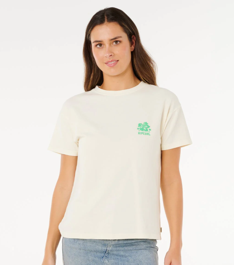 Rip Curl Surf Puff Party Relaxed Women's Tee in bone colour on model front
