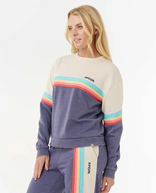 Rip Curl Surf Revival Crew in blue and natural with multi coloured stripes