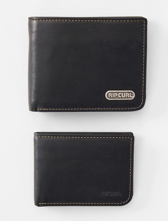 Rip Curl Surf Revival RFID 2 in 1 Leather Wallet in black showing main wallet and pullout