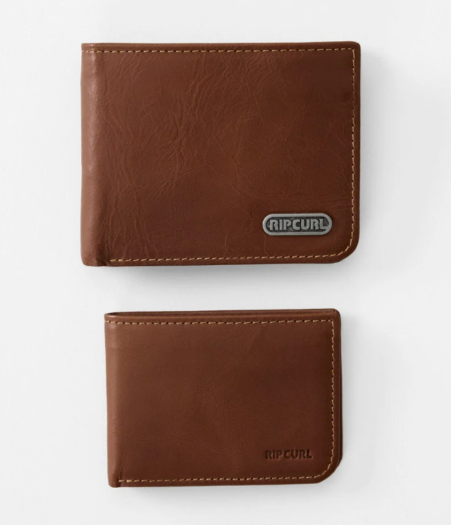 Rip Curl Surf Revival RFID 2 in 1 Leather Wallet in brown showing main wallet and pullout