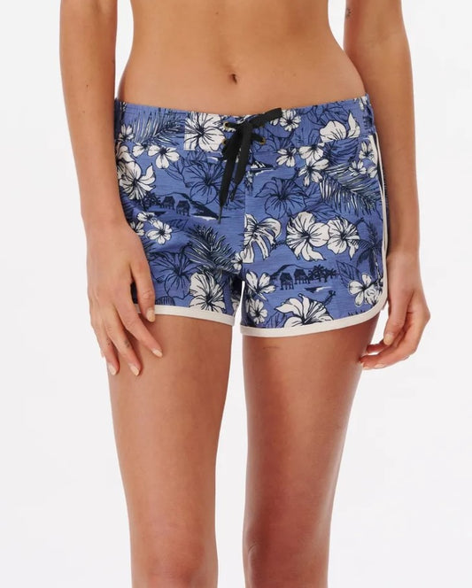 RIP CURL SURF TREEHOUSE 3" BOARDSHORT Sum22 blue boardshorst with white and black flower design 