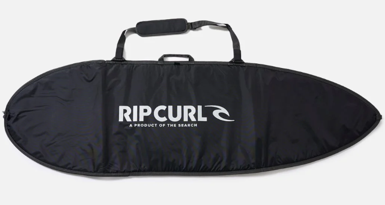 Rip Curl 6'0 Surfboard Day Cover in black showing top of bag with large Rip Curl logo