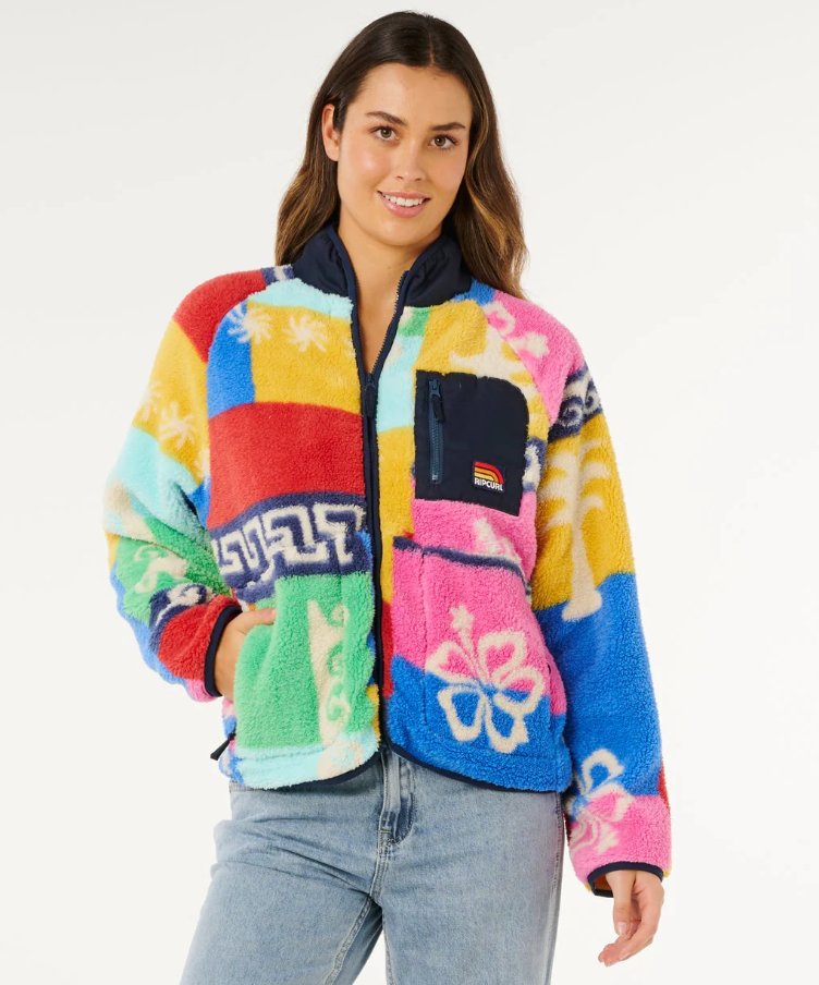 Rip Curl Surfside Standard Z-Thru Polar Fleece in multi colour on model from front close up