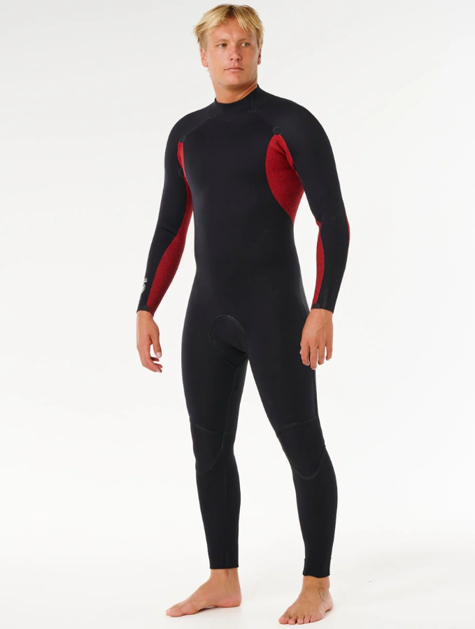 Rip Curl Traditional 4/3mm Back Zip GBS Wetsuit in black on model from inside out view showing side thermal panels