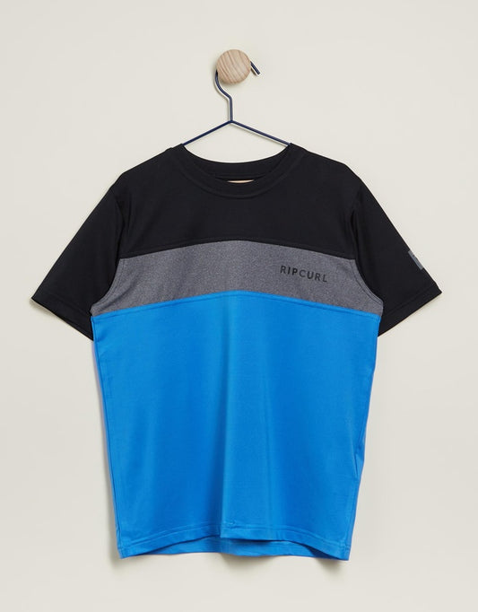 Rip Curl Undertow S/S Boy's Rash Vest in cobalt blue, grey marle and black hanging on a coathanger
