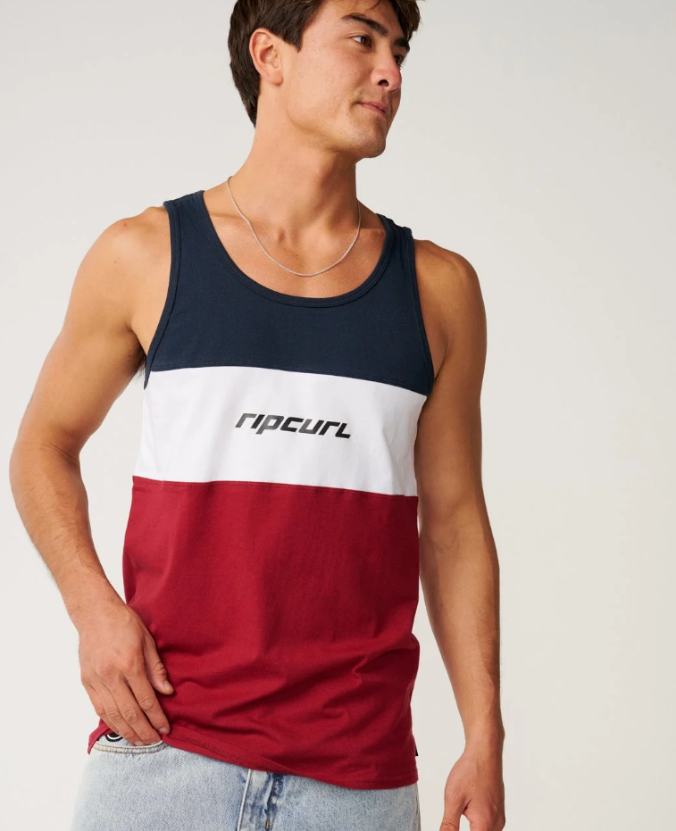 Rip Curl Undertow Men's Tank in red, white and navy on model from front close up