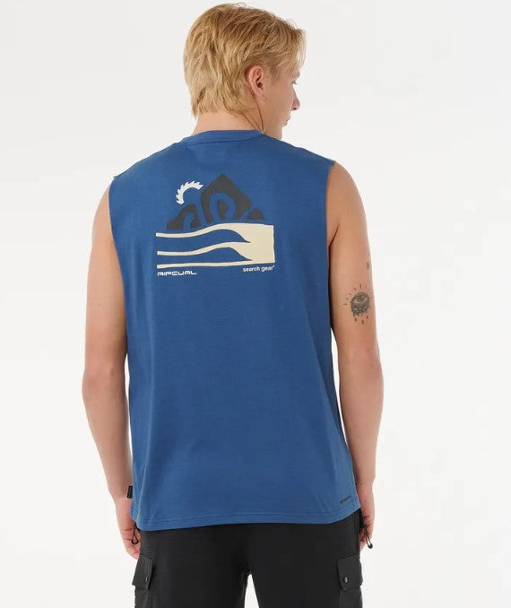 Rip Curl Vaporcool Search Range Muscle Top in light navy on model from rear